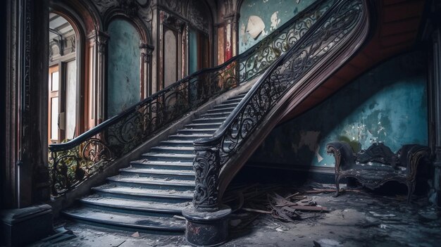 As escadas da mansão abandonada