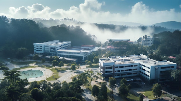 As escolas e algumas nuvens são vistas a partir da vista da área