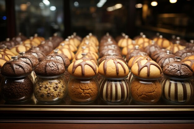 As estantes encantadoras das lojas locais adornadas com sedutoras exposições de biscoitos de chocolate