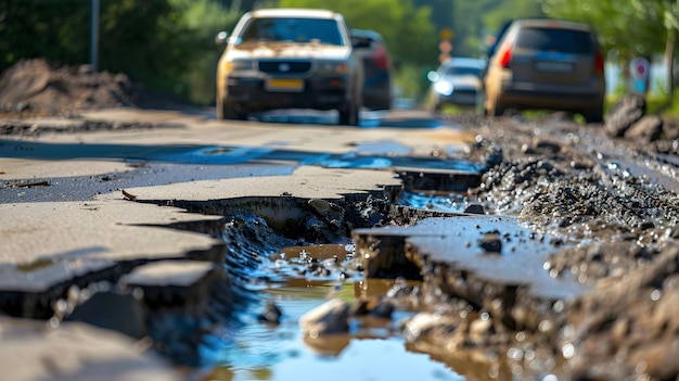 Foto as estradas deformadas pelo calor do verão e os veículos lutando em meio ao estresse da infraestrutura