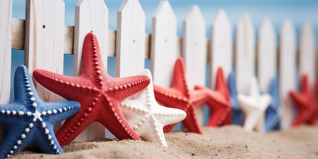 As estrelas do mar brancas e azuis vermelhas sentam-se perto da cerca da praia