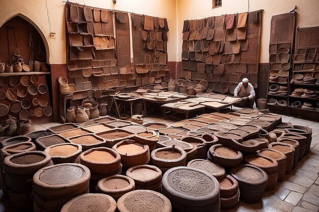 Foto as fábricas de couro marroquinas, artesanato antigo em medina de fes