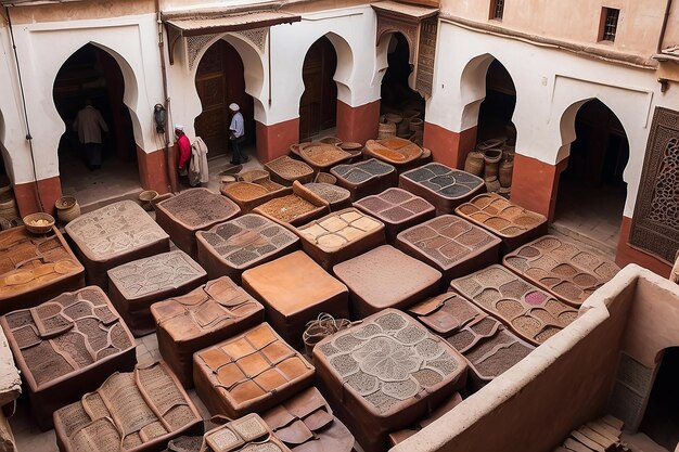 Foto as fábricas de couro marroquinas, artesanato antigo em medina de fes