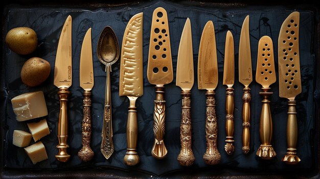 As facas de queijo douradas são um fundo visual