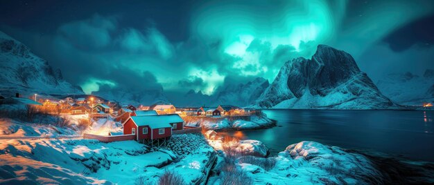 As fascinantes luzes do norte iluminam a pitoresca aldeia de Hamnoy, na Noruega