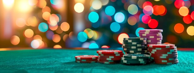 As fichas de casino empilhadas numa mesa de jogos com um pano de fundo de luzes bokeh coloridas sugerindo o