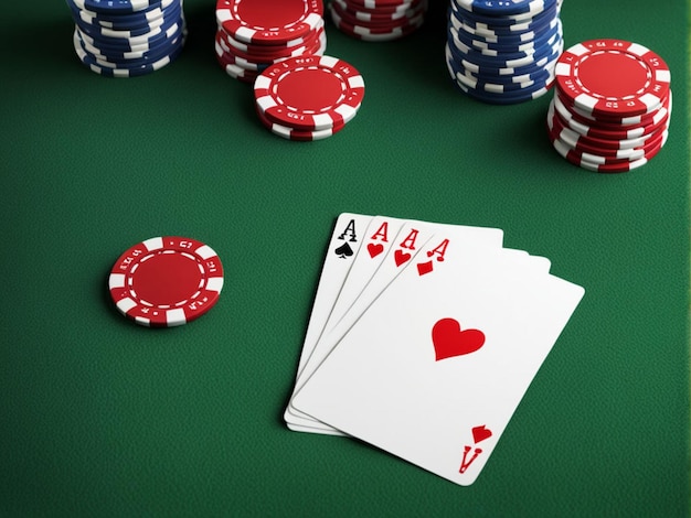 Foto as fichas e os ases do casino na mesa de póquer ilustração 3d