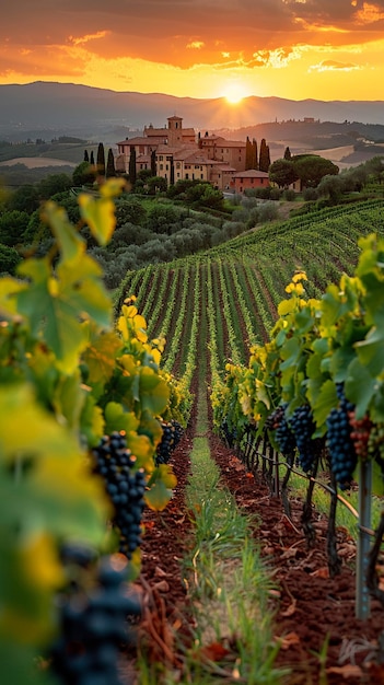 Foto as fileiras de vinhas bucólicas amadurecendo sob o sol toscano as uvas se desfocam com as fileiras