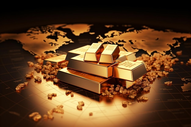 As finanças mundiais da moeda dourada e as barras de ouro 3D simbolizam o investimento global