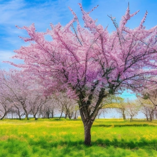As flores adornam a árvore de cereja em budos flores cor-de-rosa com um fundo bonito