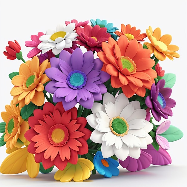 As flores coloridas 3D são um monte de flores multicoloridas Fundo branco brilhante