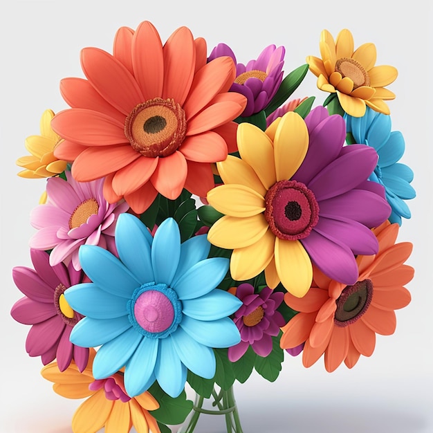 As flores coloridas 3D são um monte de flores multicoloridas Fundo branco brilhante