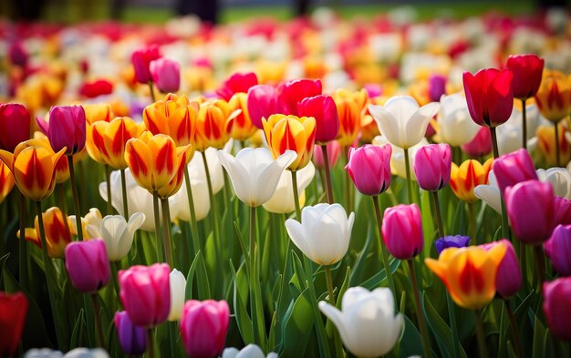 As flores da primavera das tulipas florescem no jardim do campo da natureza