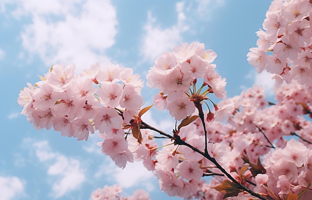 As flores de cerejeira em plena floração num dia ensolarado de primavera