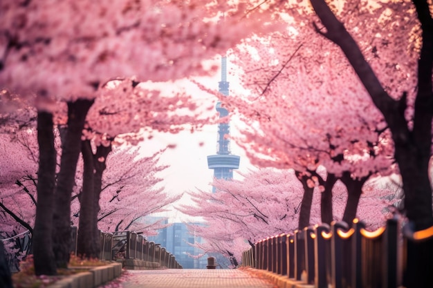 As flores de cerejeira florescem na primavera na Montanha Namsan, na Torre de Seul, um destino turístico popular.