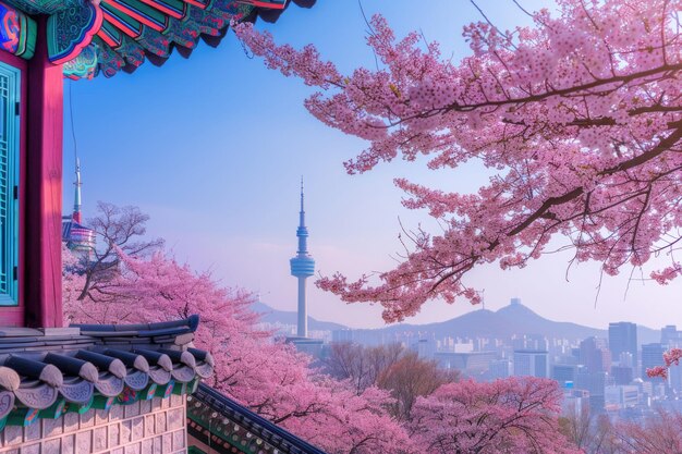 Foto as flores de cerejeira florescem na torre de seul da montanha namsan na primavera