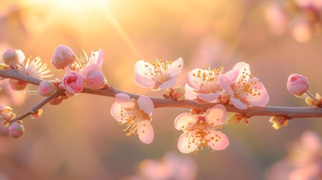 As flores de pêssego da primavera na luz da manhã