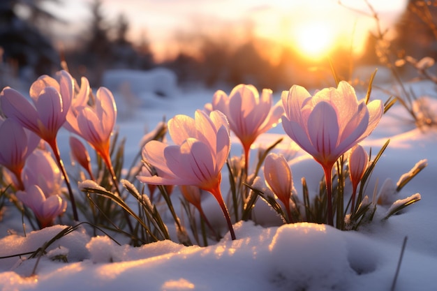 As flores do pôr do sol crescem em um terreno nevado