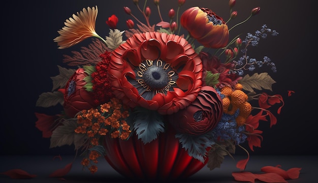 As flores do ramalhete amam a imagem de papel de parede do arranjo romântico bonito vermelho AI arte gerada