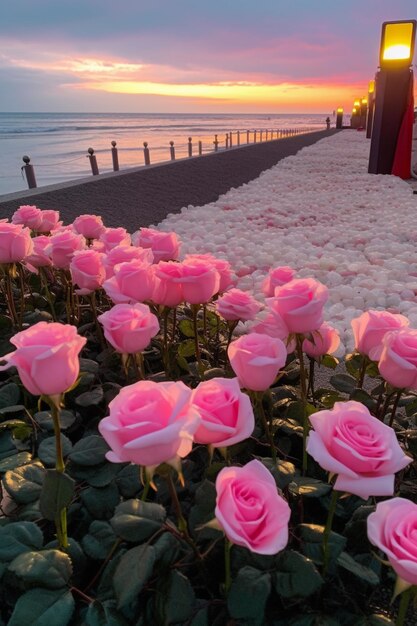 Foto as flores estão em primeiro plano de uma praia com um pôr do sol ao fundo ia generativa