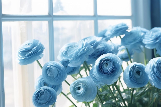 Foto as flores ranúnculos azuis frescas brilhando na luz suave da janela