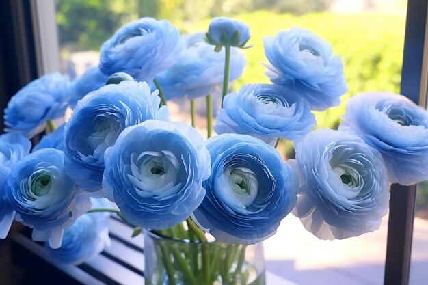 Foto as flores ranúnculos azuis frescas brilhando na luz suave da janela