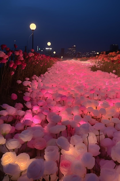 as flores são iluminadas em rosa e branco à noite em um caminho generativo ai