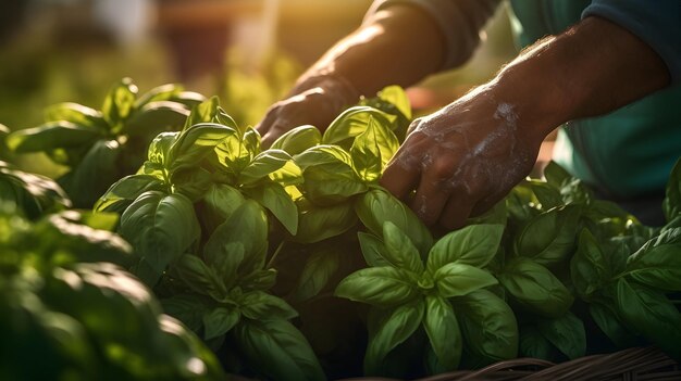 As folhas aromáticas do manjericão são colhidas com cuidado