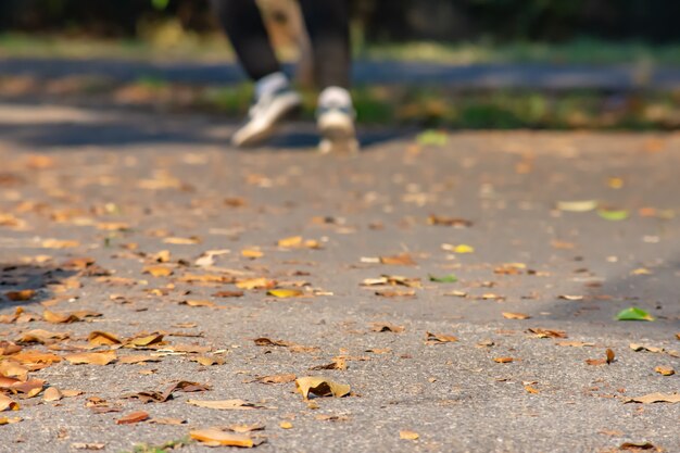 As folhas no asfalto de borracha para a estrada que corre e o exercício do corredor da perna do borrão.