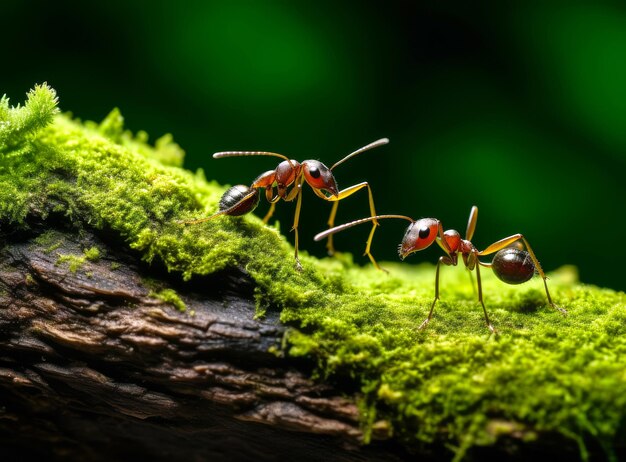 As formigas andam em galhos de musgo.