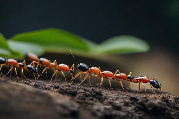 Foto as formigas estão alinhadas numa superfície de madeira e uma delas tem um olho preto.