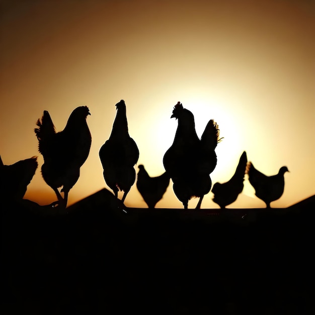 as galinhas estão alinhadas em fila e o sol está se pondo.