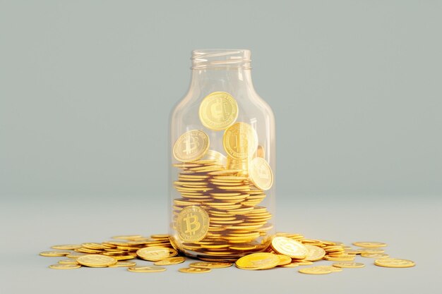 As garrafas de vidro representam ativos valiosos e poupanças Moedas de ouro