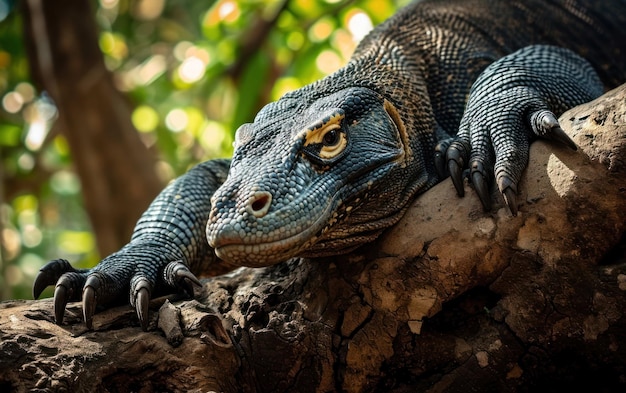 As garras do dragão de Komodo agarrando-se a uma raiz de árvore