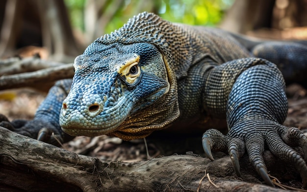 As garras do dragão de Komodo agarrando-se a uma raiz de árvore