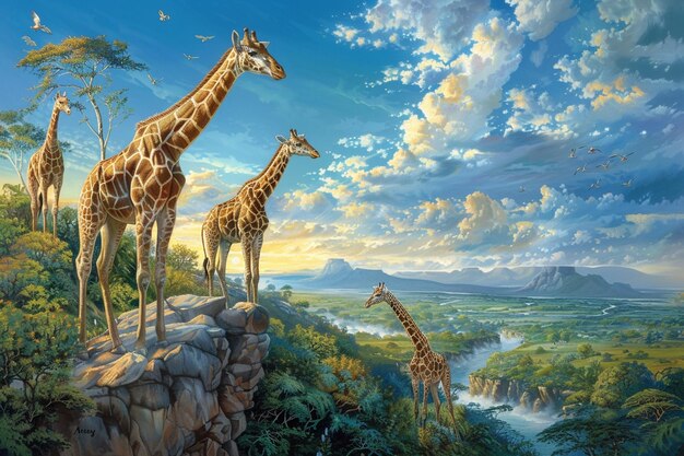 as girafas estão de pé em uma colina com uma pintura de um rio e montanhas ao fundo