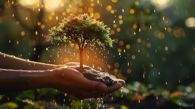 As gotas de chuva são minúsculas que caem sobre um fundo escuro e difuso da natureza enquanto um indivíduo segura uma delicada planta verde em sua palma e no espaço.