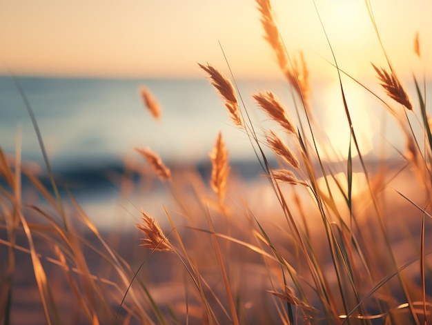 As gramíneas costeiras balançam na brisa quente do verão ao pôr-do-sol junto ao mar