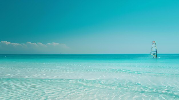Foto as incríveis águas turquesa do mar das caraíbas com um windsurfista à distância o lugar perfeito para relaxar e desfrutar da beleza da natureza