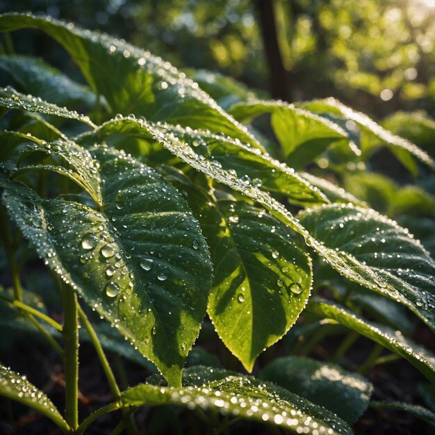 As jóias da manhã, as folhas iluminadas pelo sol, adornadas com orvalho.