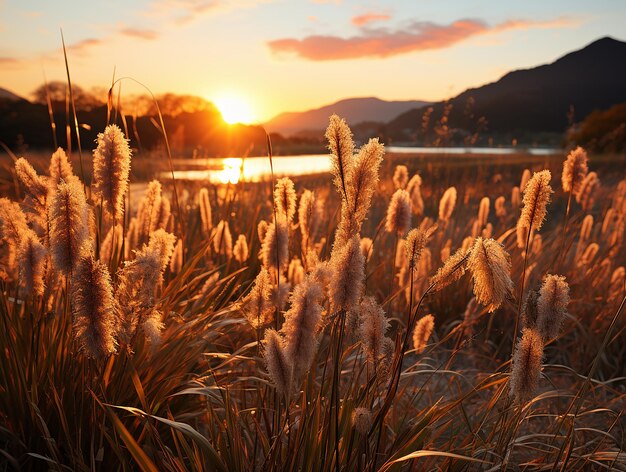 As Lâminas Douradas O sol está a pôr-se atrás das altas gramíneas numa exibição hipnotizante da silhueta da natureza