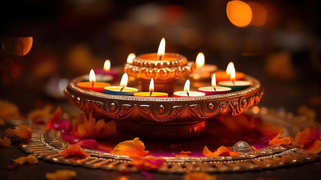 As lâmpadas de óleo de Diwali iluminam-se na rua à noite