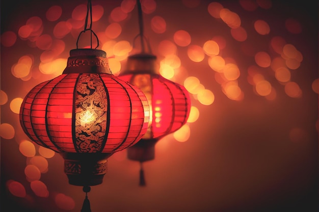 As lanternas que celebram o Ano Novo Chinês são iluminadas contra um fundo de luz vermelha bokeh