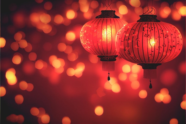 As lanternas que celebram o Ano Novo Chinês são iluminadas contra um fundo de luz vermelha bokeh