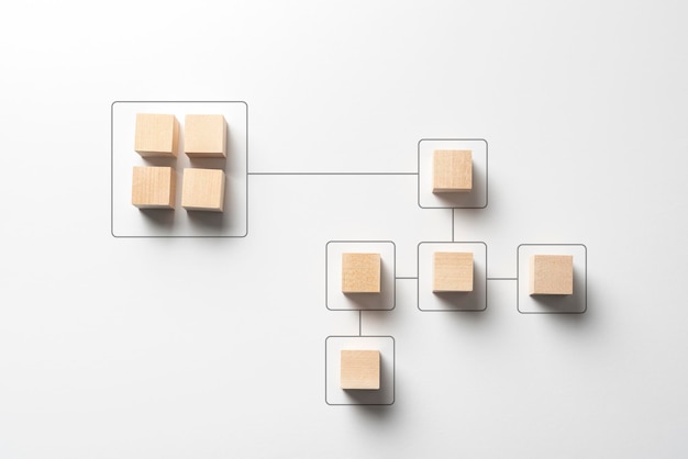 As linhas de um algoritmo de lógica de negócios se conectam entre o conceito criativo de cubos de madeira
