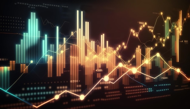 As linhas do gráfico do mercado de ações generativo AI gráfico financeiro sobre fundo abstrato de tecnologia representam