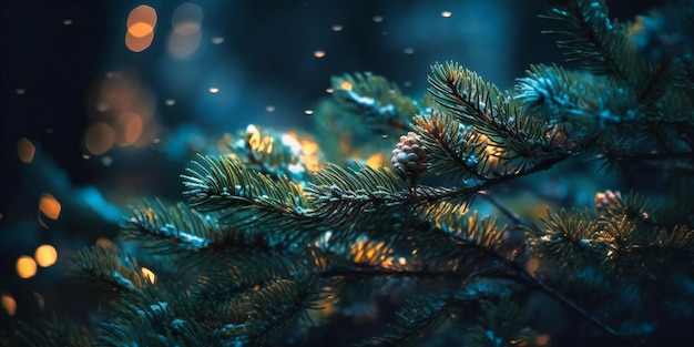 As luzes de natal nos galhos de pinheiro
