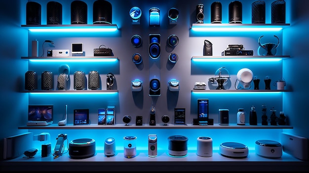 As luzes de néon azuis na vitrine são uma característica da coleção.