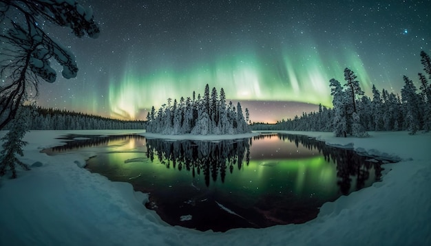 As luzes do norte sobre um lago congelado cercado por uma floresta de pinheiros altos Generative AI