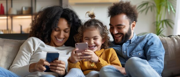 Foto as mães e os pais estão assistindo vídeos engraçados on-line com sua filha pequena enquanto estão sentados no sofá na sala de estar em casa a mãe está sorrindo e o pai está rindo enquanto eles